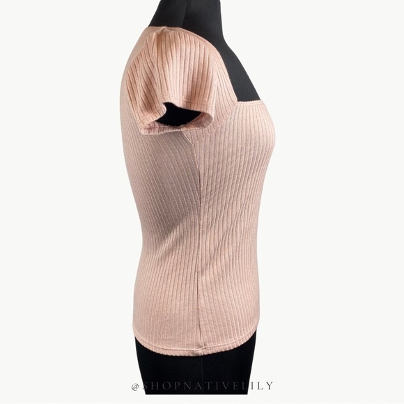 Reformation Women's Bardot Ribbed Knit Square Neck Top Sz Medium, Blush Pink - Picture 4 of 15